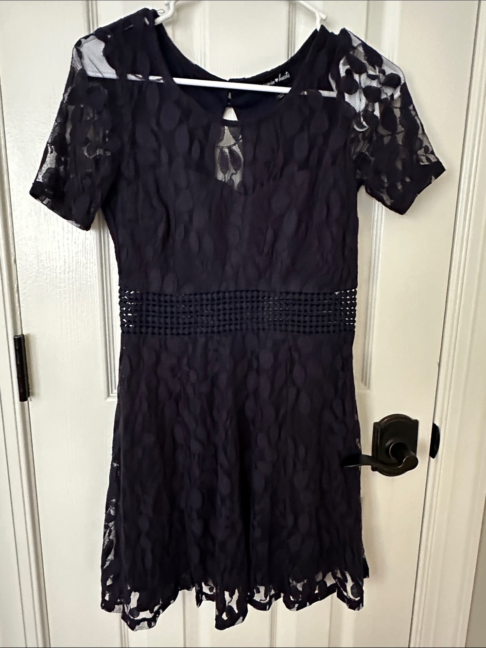 Sequin Hearts Navy Lace Dress with Embellished Waist
